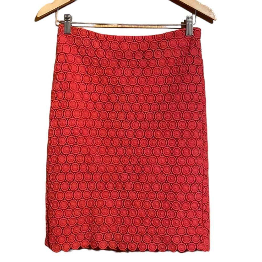 •CYNTHIA ROWLEY•TOMATO GEOMETRIC CROCHET PATTERN 100% LINED PENCIL SKIRT SIZE 2